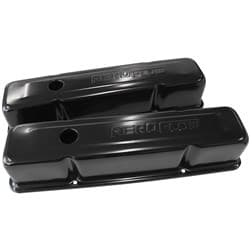 STEEL VALVE COVERS, SBC TALL BLACK WITH AEROFLOW LOGO