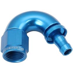 -6AN TO 5/16" BARB 150 DEGREE FULL FLOW PUSH LOCK BLUE