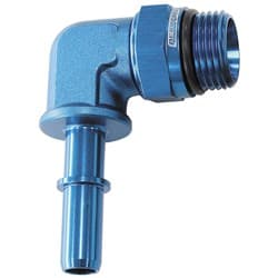 EFI FUEL FITTING 90 DEG 3/8 PUSH ON BARB TO -8ORB BLUE