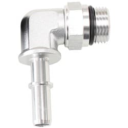 EFI FUEL FITTING 90 DEG 3/8 PUSH ON BARB TO -8ORB SILVER