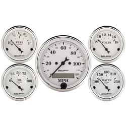 OLD TYME WHITE 5-PCE GAUGE KIT 4 GAUGES &  ELECTRONIC SPEEDO AUTO METER - 1602