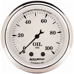 OLD TYME WHITE OIL PRESS GAUGE 2-1/16", 0-100PSI, MECHANICAL AUTO METER - 1621