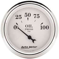OLD TYME WHITE OIL PRESS GAUGE 2-1/16", 0-100PSI, SHORT SWEEP AUTO METER - 1628