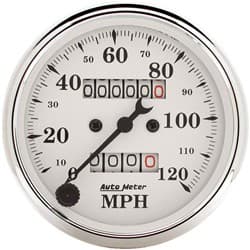 OLD TYME WHITE 120MPH SPEEDO 3-1/8", MECHANICAL, TRIP METER AUTO METER - 1693