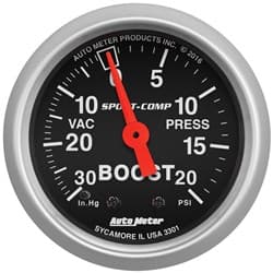 SPORT-COMP 2-1/16" BOOST/VAC 30 IN/HG - 20 PSI MECHANICAL AUTO METER - 3301