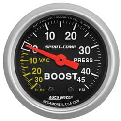 SPORT-COMP 2-1/16" BOOST/VAC 30 IN/HG - 45 PSI, MECHANICAL AUTO METER - 3308