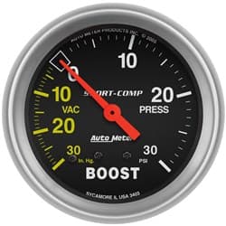 SPORT-COMP 2-5/8" BOOST/VAC 30 IN/HG - 30 PSI, MECH, 10FT AUTO METER - 3403