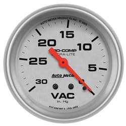 ULTRA-LITE 2-5/8" VACUUM 0-30IN/HG, MECHANICAL, 10FT AUTO METER - 4484