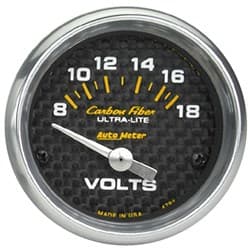CARBON FIBER 2-1/16 VOLTMETER 0-18 VOLTS, SHORT SWEEP ELECT AUTO METER - 4791