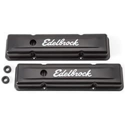 SIGNATURE SERIES VALVE COVERS SBC SHORT, BLACK WITH LOGO EDELBROCK - 4443