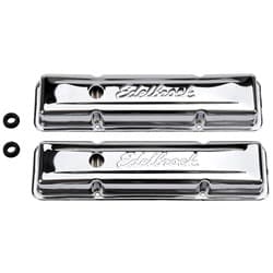 SIGNATURE SERIES VALVE COVERS SBC SHORT, CHROME WITH LOGO EDELBROCK - 4449