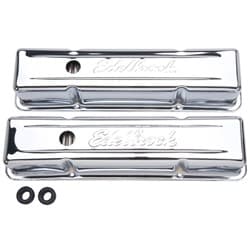 TALL CHROME VALVE COVERS, SBC W/LOGO, SB CHEV EDELBROCK - 4649