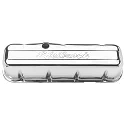 TALL CHROME VALVE COVERS, BBC W/LOGO, BB CHEV EDELBROCK - 4680