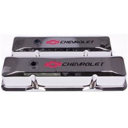 CAST VALVE COVERS, SBC TALL CHROME WITH RED & BLACK EMBLEM PROFORM - 141-117