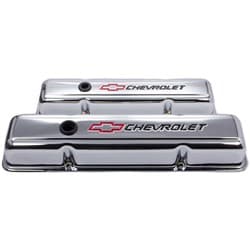 STEEL VALVE COVERS, SBC SHORT CHROME WITH RED & BLACK EMBLEM PROFORM - 141-899