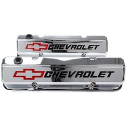 SLANT EDGE VALVE COVERS, SBC CHROME WITH RED & BLACK EMBLEM PROFORM - 141-930