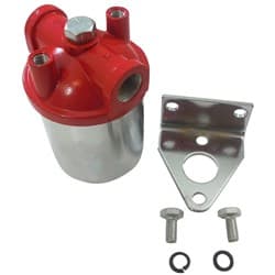SMALL CHROME & RED CANISTER FUEL FILTER. 3/8" IN/OUT 90GPH RPC - R4297