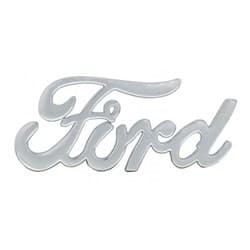 CHROME FORD SCRIPT EMBLEM C/W STUD MOUNTS & CLIPS DIECAS UPI - A6108