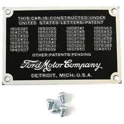 1935/36 FIREWALL PATENT PLATE FOMOCO DIE STAMPED INCL RIVETS VINTIQUE - 48-18650