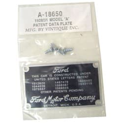 1928/31 FIREWALL PATENT PLATE FOMOCO DIE STAMPED INCL RIVETS VINTIQUE - A-18650