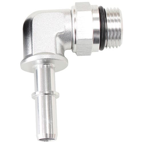 EFI Fuel Fitting 90 Deg 3/8 Push on Barb to -8ORB Silver