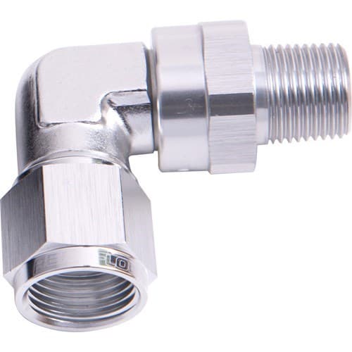 90 Deg 1/4" NPT to -4AN Silver Female Swivel Nut