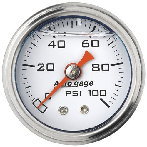 0-100 PSI 1-1/2 White Fuel Pressure Liquid Filled Gauge Auto Meter - 2177