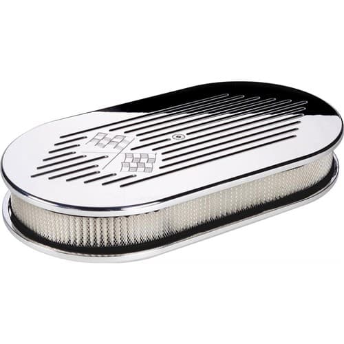 Milled GM Flag Large Oval Air Filter Polished 15"LX8-1/2WX3H Billet - 15427
