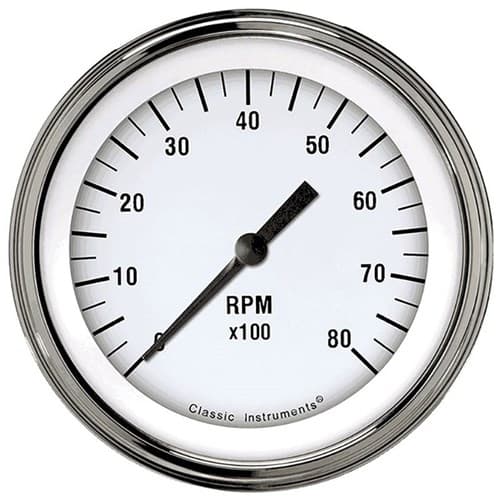 Classic White Hot 8000RPM Tach 3-3/8 White Face Flat Glass Classic - WH80SLF