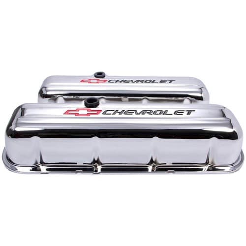 Chrome Valve Covers, BBC Short Black Lettering, Red Bowtie Proform - 141-813