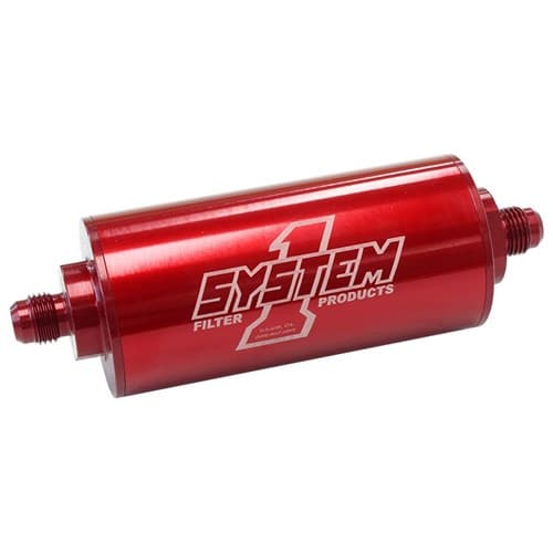 Red Inline Billet Fuel Filter Med -8AN & 6"LONG, 2"OD 35 Mic Systemone - 201-203408
