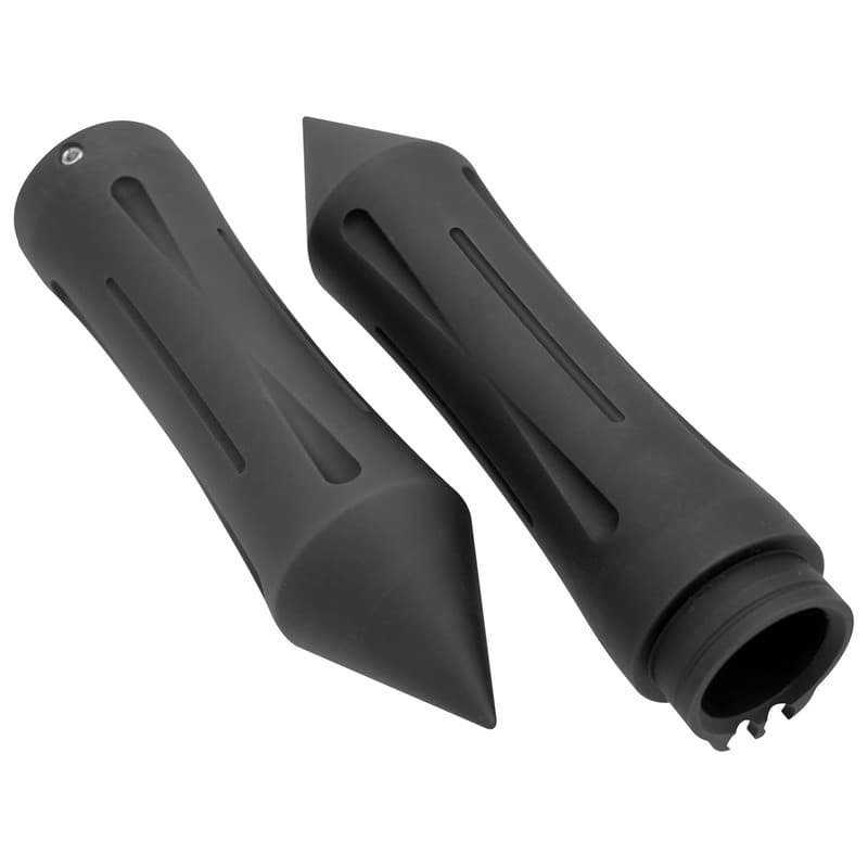 Attitude Inc billet aluminium handlebar grips, spike style, black, for Harley-Davidson motorcycles. Sold as a pair.