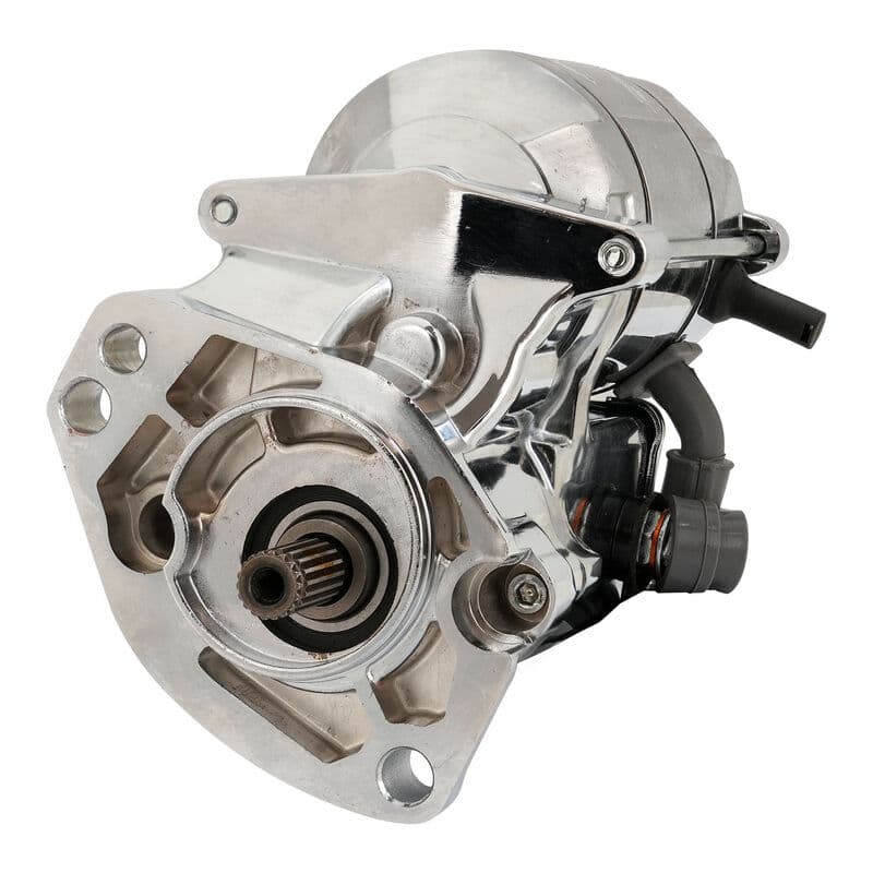 Attitude Inc 1.4kW chrome side-post starter motor for Harley-Davidson Big Twin 1989–2006.