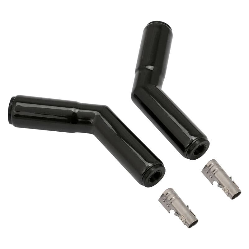 Proflow SuperMax 135-degree ceramic spark plug boots and terminals. Angled design for tight engine bays. Kit includes two boots and two terminals.