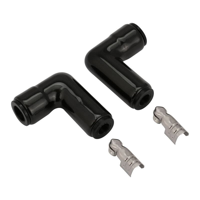 Proflow SuperMax 90-degree ceramic spark plug boots and terminals, pair, suits performance ignition wiring applications.
