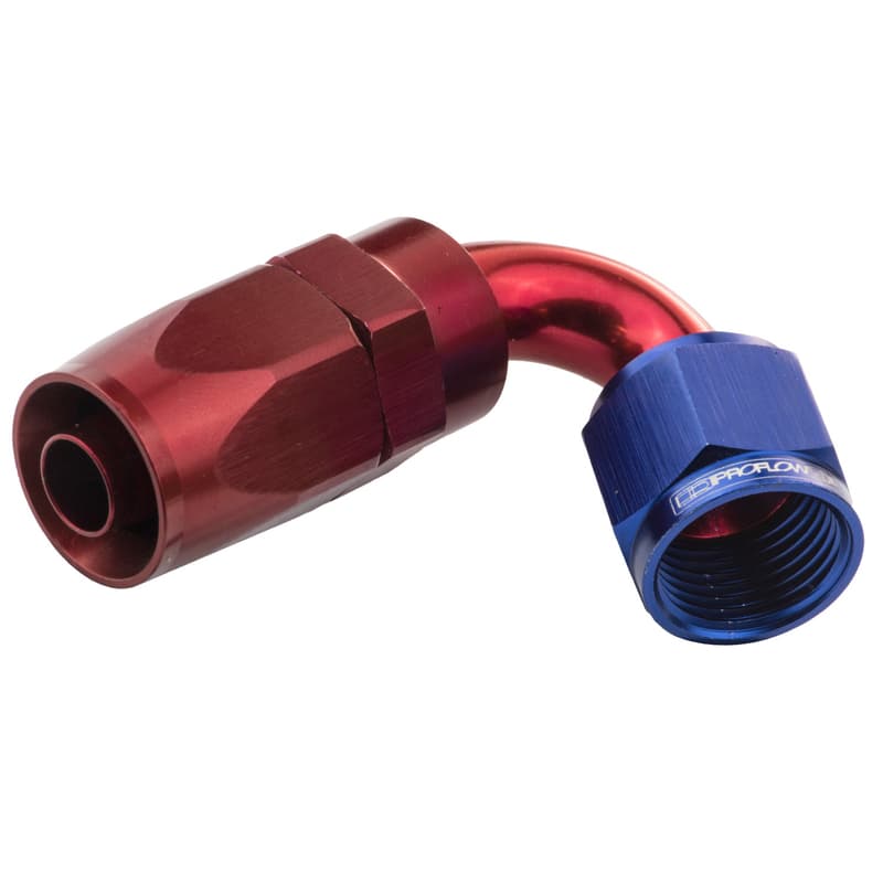 Proflow 120 Degree Hose End -06AN Hose to Female, Blue/Red