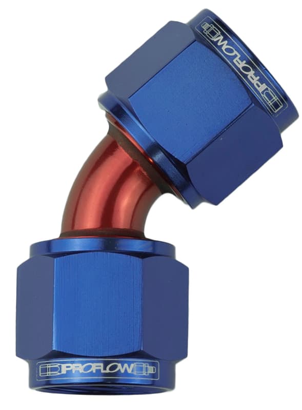 Proflow 45 Degree Female Flare Union Swivel Hose End -06AN, Blue/Red