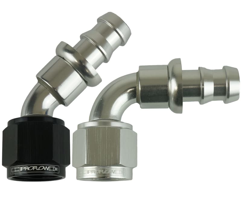 Proflow 45 Degree Push Lock Hose End Barb 5/16'' To Female -06AN, Black/Silver