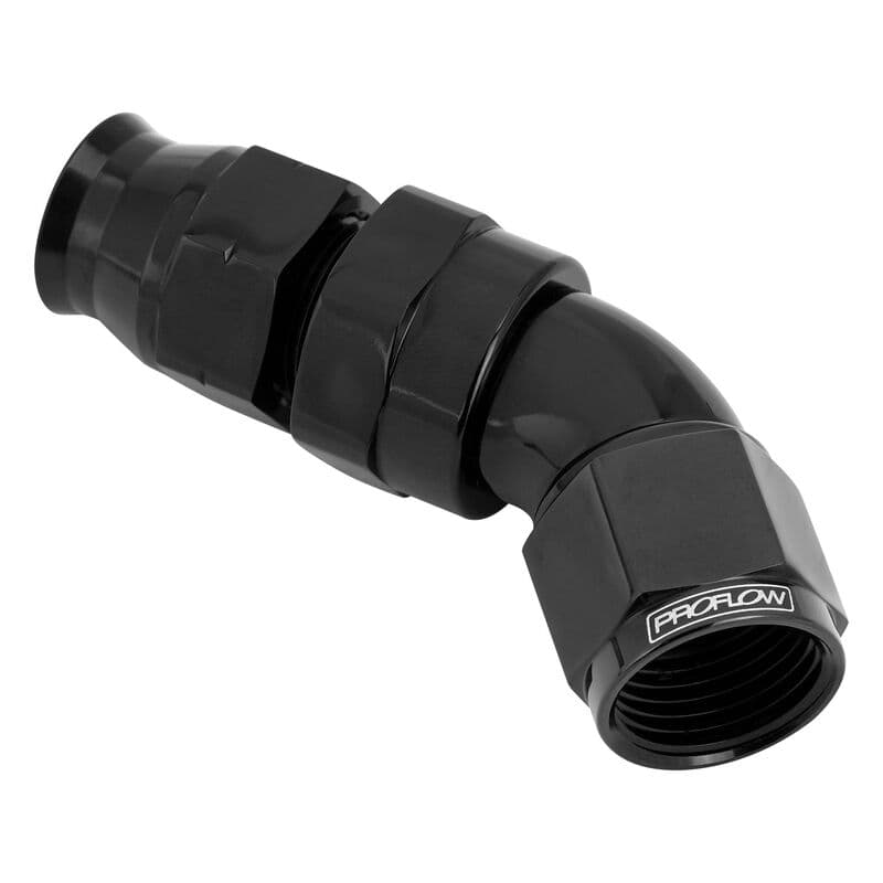 Proflow Full Flow 3/8in. Tube To Female -06AN Hose End, 45 Degree, Tube Adaptor, Black
