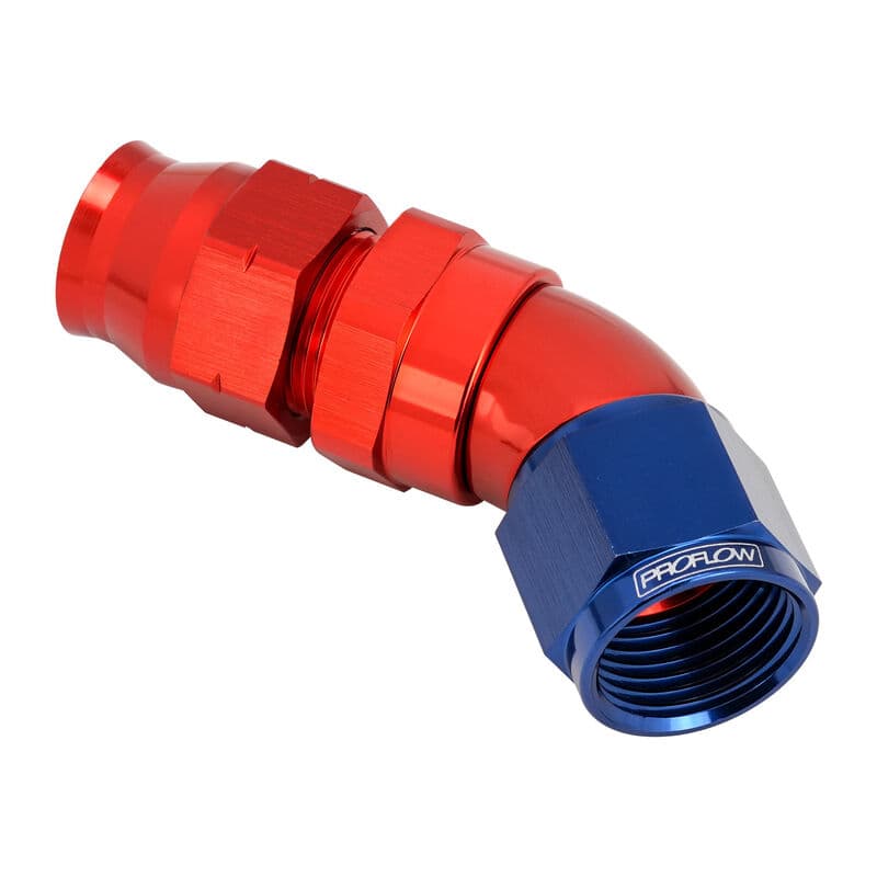 Proflow Full Flow 1/2in. Tube To Female -08AN Hose End, 45 Degree, Tube Adaptor, Blue/Red