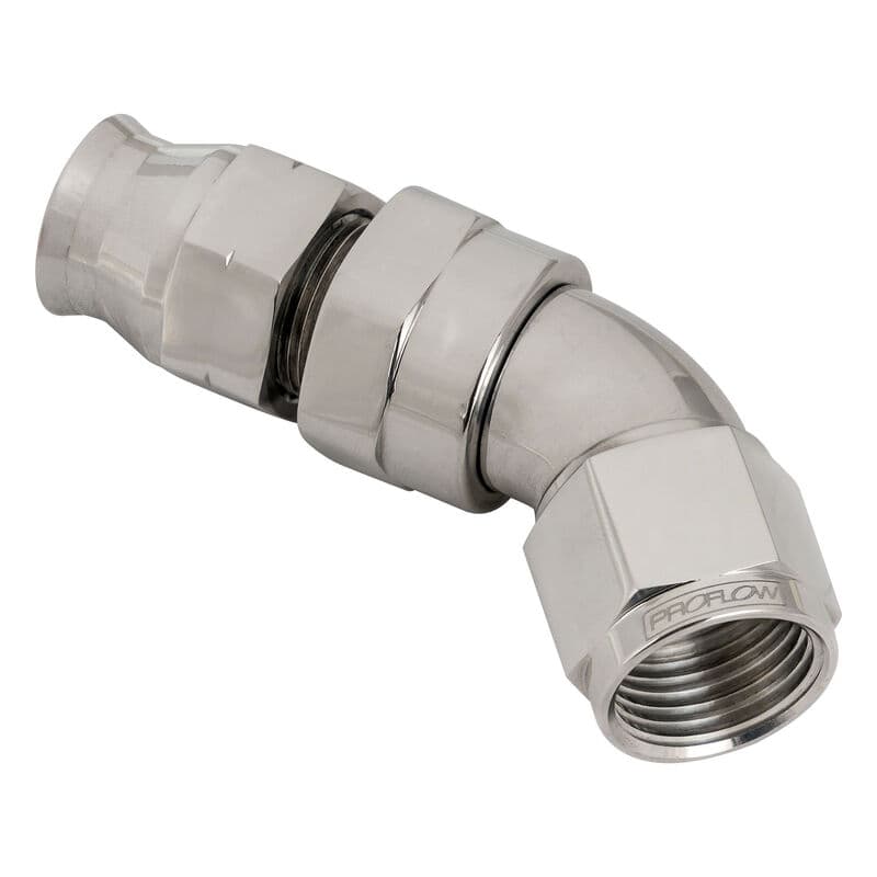 Proflow Full Flow 5/8in. Tube To Female -10AN Hose End, 45 Degree, Tube Adaptor, Polished