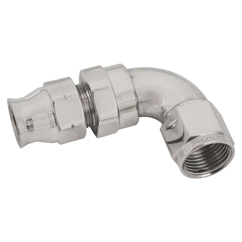 Proflow Full Flow 3/8in. Tube To Female -06AN Hose End, 90 Degree, Tube Adaptor, Polished