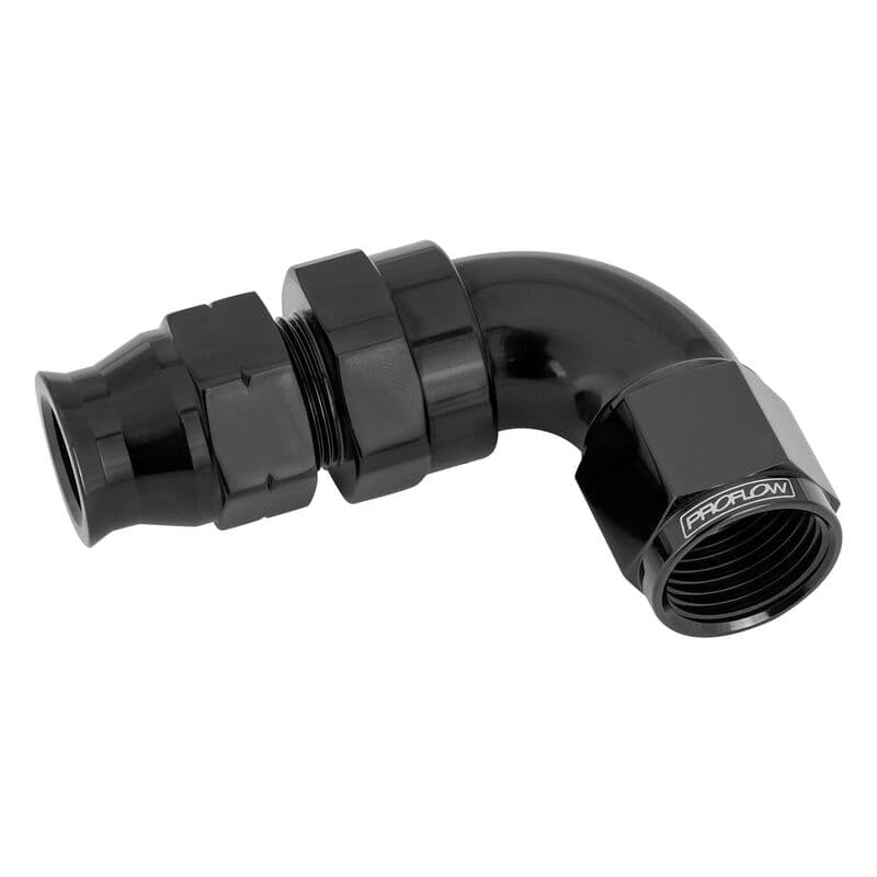 Proflow Full Flow 1/2in. Tube To Female -08AN Hose End, 90 Degree, Tube Adaptor, Black