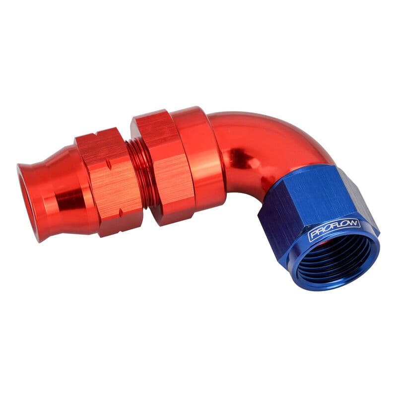 Proflow Full Flow 5/8in. Tube To Female -10AN Hose End, 90 Degree, Tube Adaptor, Blue/Red