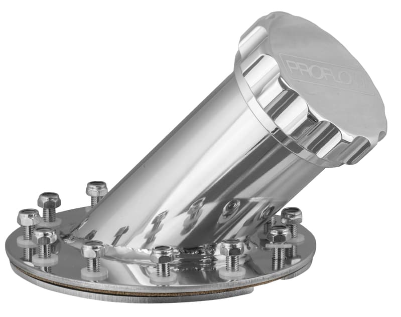 Proflow Fuel Filler Neck Aluminium Polished, 45 Degree, 60mm Diameter Neck, 12-Bolt Flange, 4.75'' PCD, Each