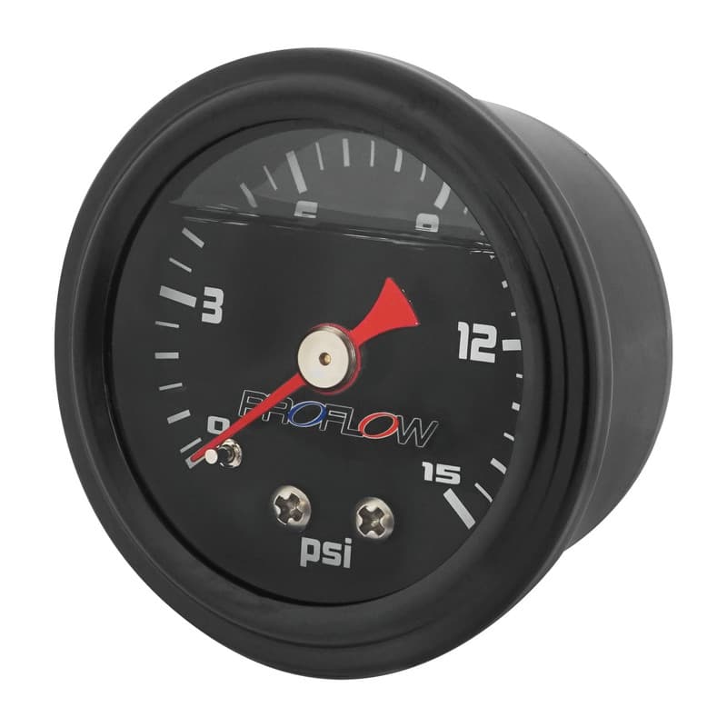 Proflow Fuel Pressure Gauge 0-15PSI, Stainless Steel, Black Body/Black Face Liquid Filled 40mm, Each