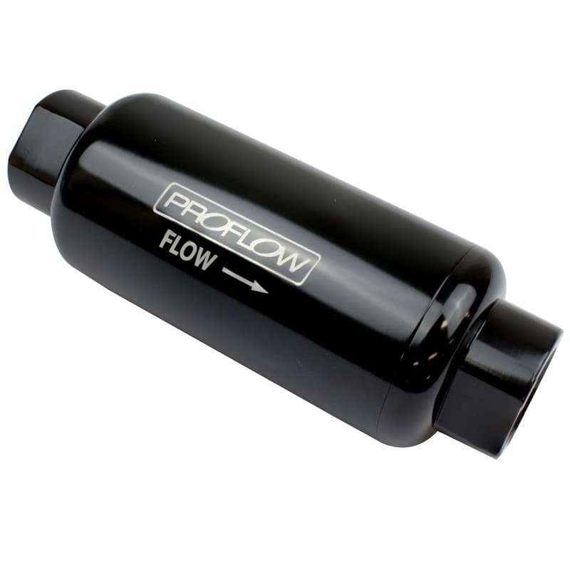 Proflow Fuel Filter, Inline Mount, Billet Aluminium, Black Anodised, 10 Microns, 88mmTotal Length -8 AN Inlet/Outlet, Each