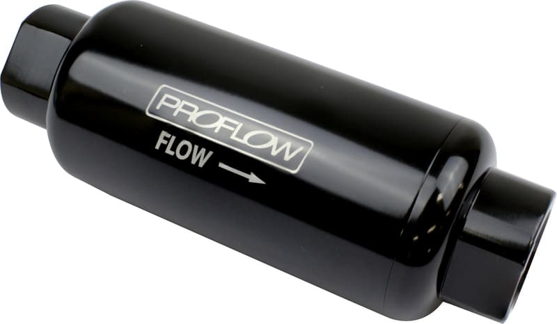 Proflow Fuel Filter, Inline Mount, Billet Aluminium, Black Anodised, 40 Microns, 88mm Total Length -8 AN Inlet/Outlet, Each