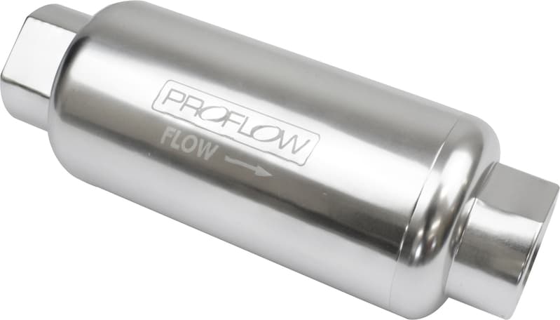 Proflow Fuel Filter, Inline Mount, Billet Aluminium, Silver Anodised, 40 Microns, 88mm Total Length -8 AN Inlet/Outlet, Each