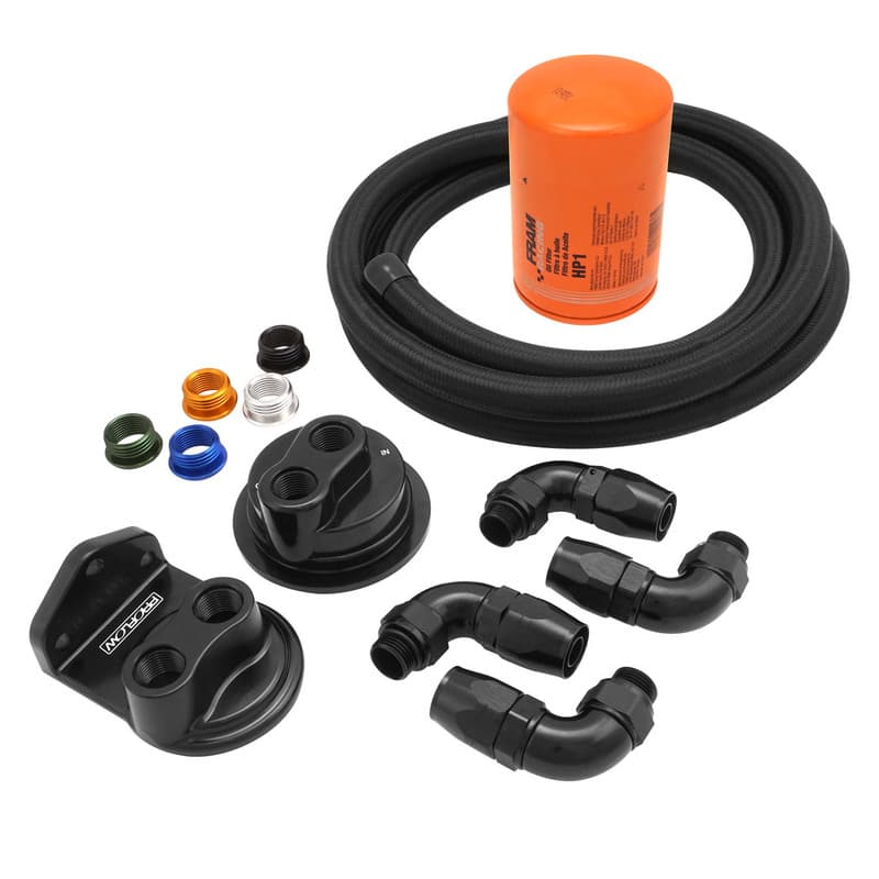 Proflow Billet Remote Universal Filter head, Universal Block Adaptor, Black , Top -08 ORB Ports , 90Deg -08ORB x AN10 Fittings, PFE450R-10 Hose, Kit